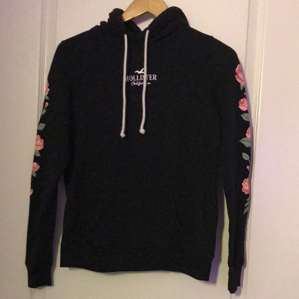Hollister Black Hoodie with Pink Rose Sleeve Details